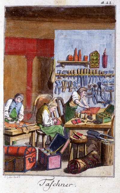 Il pochetier e il gibecier nella loro bottega. In "Descrizione completa delle arti e dei mestieri e delle botteghe per i giovani" di Johan Peter Vue. Ed. Norimberga, Weigel e Schneider da Unknown artist
