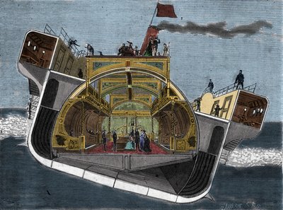 Sezione trasversale di una barca progettata contro il mal di mare da Henry Bessemer (1813-1898). Incisione XIX secolo. da Unknown artist