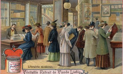 Clienti e libraio in una libreria moderna, fine XIX secolo. Cromolitografia, immagine Liebig da Unknown artist