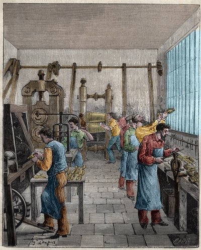 Officina di produzione di posate in Francia nel XIX secolo. Incisione del 1885 in 