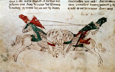 Ciclo di Re Artù: Battaglia di Lancillotto e Tristano. Miniatura tratta dal Romanzo di Meliadus de Leonnoys di Rustichello da Pisa da Unknown artist