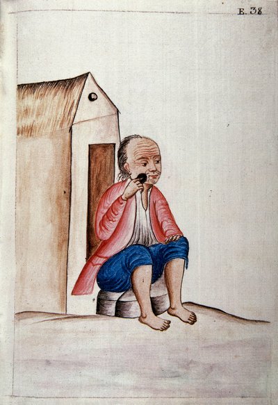 Vita quotidiana e costumi del Perù: "Indiano che si rade la barba sulla soglia di casa" Acquerello tratto dal libro "Trujillo del Peru" di Baltasar Martinez Companon y Bajanda, vescovo di Trujillo (1782-1785). XVIII secolo Madrid. Biblioteca del Palacio Re da Unknown artist