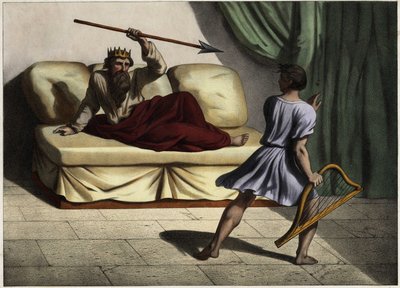 Davide che suona la cetra davanti al re Saul per calmarlo (incisione anonima del XIX secolo) da Unknown artist
