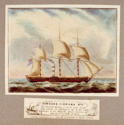Diorama di Dawson No.4. La British Queen, una nave a vapore di prima classe, che quando viene sollevata alla luce cambia in Sua Maestà la Regina Vittoria vestita con i suoi abiti di stato, c.1838 da Unknown artist
