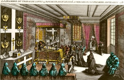 Morte di Luigi XIV: la camera mortuaria di Luigi XIV (1638-1715), noto come Re Sole, deceduto a Versailles il 1/09/1715. Incisione del XVIII secolo Collezione privata da Unknown artist