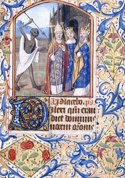 La morte con la sua lancia puntata su tre figure, un papa, un re, un re e una regina, davanti a una chiesa gotica, c.1470 da Unknown artist