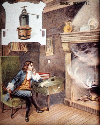 Denis Papin (1647 - 1714) inventa la pentola. Cromolitografia del XIX secolo da Unknown artist
