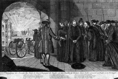 Deportazione dei Gesuiti il 21/07/1773: Espulsione dei Gesuiti dagli stati del Re di Spagna, Napoli e il Ducato di Parma, i loro Ordini banditi in Francia e Portogallo. Incisione dell