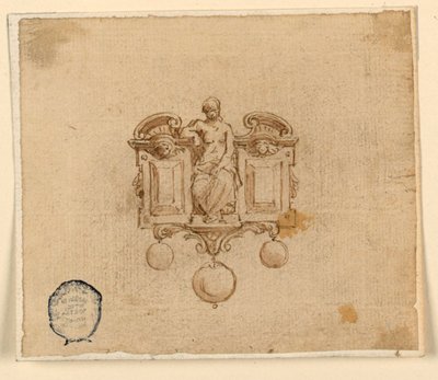 Design per spilla con donna in pedimento rotto da Unknown artist