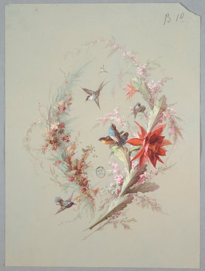 Progetto per carta da parati e tessuti: fiori e uccelli da Unknown artist