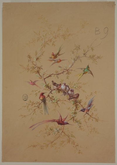 Design per carta da parati e tessuti: Fiori e uccelli da Unknown artist