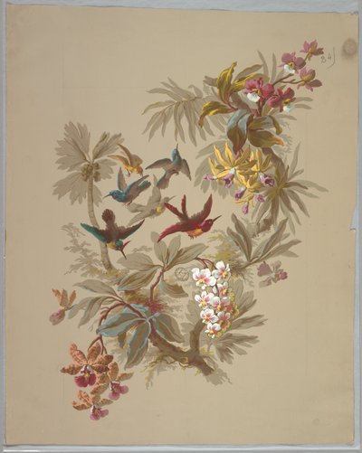 Progetto per carta da parati e tessuti: fiori e uccelli da Unknown artist