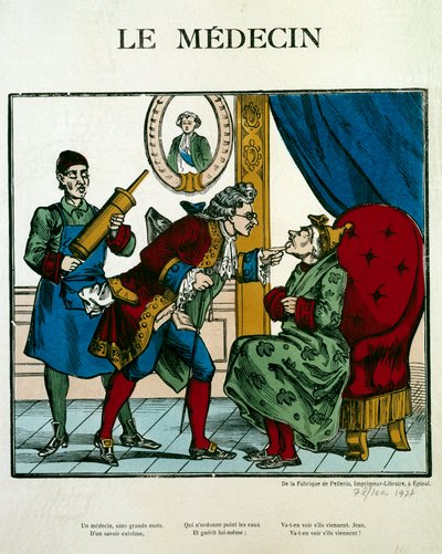 Scena del dottore che esamina un paziente, il suo assistente dietro di lui tiene un clistere. Incisione del XIX secolo da Unknown artist