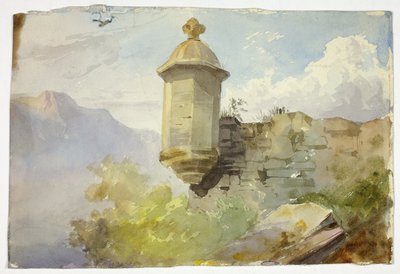 Vedetta a cupola su muro in un paesaggio montano (recto); figure che attraversano il ponte davanti alla montagna (verso) da Unknown artist