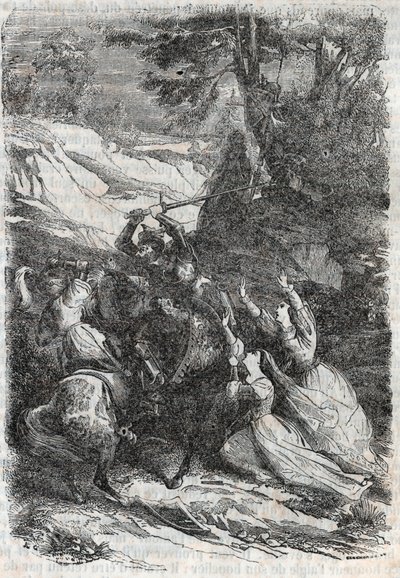 Doralice e Isabelle vogliono separare Mandricardo e Zerbin - incisione del 1851 da “Orlando Furioso” da Unknown artist