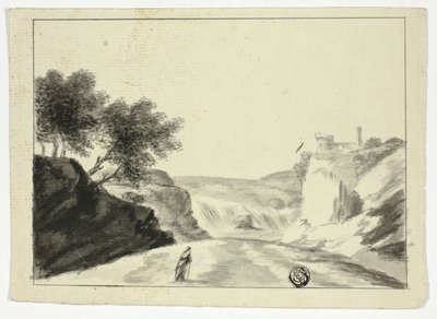 Figura drappeggiata in paesaggio con castello su una scogliera da Unknown artist