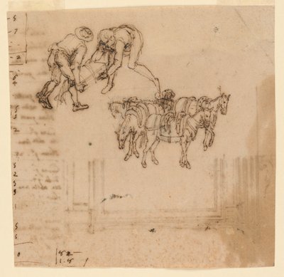 Disegno: A) Due uomini che trasportano un baule; quattro muli con un conducente. B) Progetto per una cornice da Unknown artist