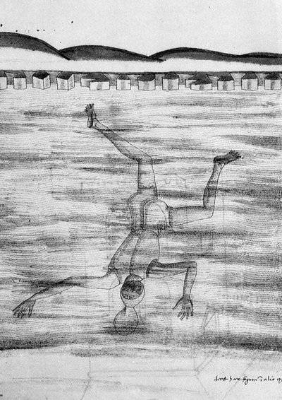 Disegno del XV secolo che mostra un uomo che entra in acqua con una sorta di maschera da Unknown artist