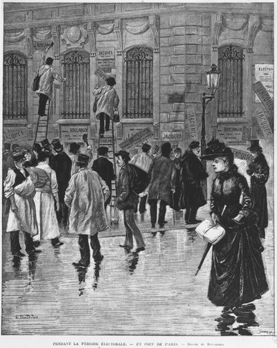 Durante il periodo elettorale, a Parigi; affissione di manifesti durante le elezioni del 27 gennaio 1889, culminando nella campagna della panetteria - Museo Carnavalet da Unknown artist