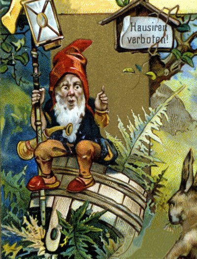 Nano o folletto con lanterna. Cromolitografia del XIX secolo. da Unknown artist