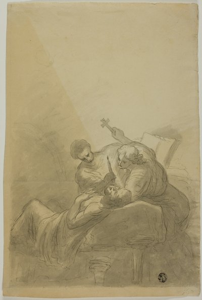 Uomo morente assistito da due figure che tengono candela, libro e croce da Unknown artist
