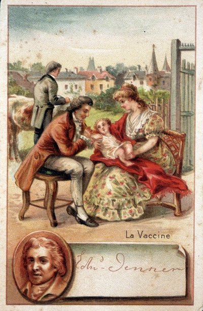 Edward Jenner (1749-1823), medico inglese, inocula a un bambino il virus del vaiolo nel 1796. da Unknown artist