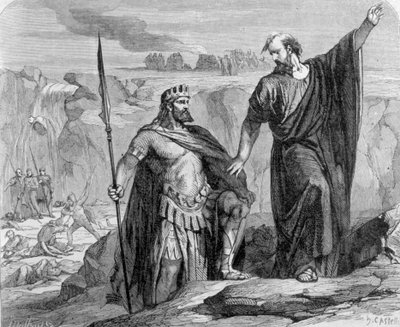 Elia avverte Acab che la pioggia è imminente. Sullo sfondo si vede il culto di Baal da Unknown artist
