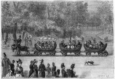 Binari infiniti adattati a un treno di carrozze trainate da capre nel Giardino delle Tuileries a Parigi (per natura). Incisione in "La Nature: revue des sciences et de leurs applicazioni aux arts et a l