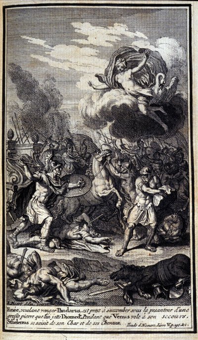 Enea, volendo vendicare Pandaro, è pronto a soccombere sotto il peso di una grande pietra che Diomede lancia. Mentre Venere vola in suo soccorso, Sthelenos afferra il suo carro e i cavalli. Illustrazione del libro V dell