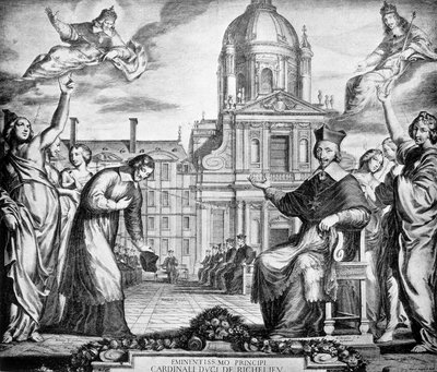 Incisione alla gloria del Cardinale Richelieu per il ristabilimento della Sorbona a Parigi, commissionata a Lemercier, completata nel 1642 da Unknown artist