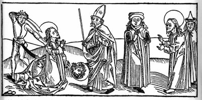 Episodio della vita di San Giacomo il Maggiore: il santo viene decapitato sotto gli occhi di Erode Agrippa, re di Giudea. Incisione da "Leben der Heiligen - sommerteil" (Il libro dei santi) di Jacobus (Giacomo) da Varagine (1228-1298). Lubecca 1488. da Unknown artist
