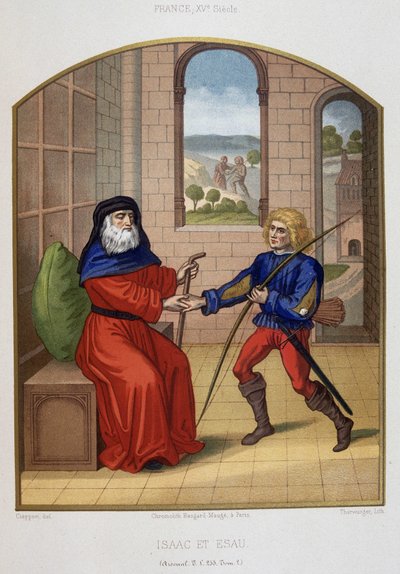 Esaù con le sue armi da caccia e suo padre Isacco. Cromolitografia del XIX secolo. da Unknown artist