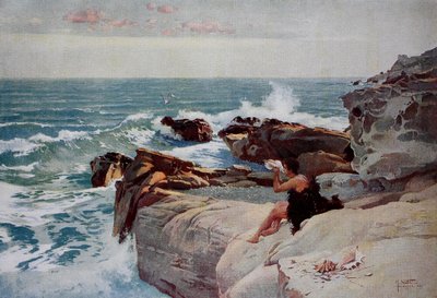 Sera al mare, Giovane uomo con una grande conchiglia seduto sulla riva da Unknown artist