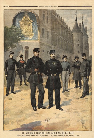 Evoluzione delle uniformi dei vigili urbani (o sergenti di città) dal 1860 al 1894, davanti alla torre dell