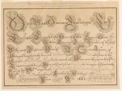 Facsimile del certificato di matrimonio originale di Carlo II e Caterina del Portogallo da Unknown artist