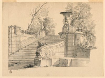 Fantasia. Una scala in un parco, in rovina. da Unknown artist