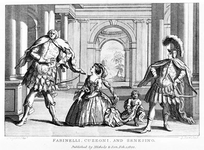 Farinelli (Carlo Broschi, detto; 1705 - 1782) con il soprano Cuzzoni e il castrato Francesco Bernardo Senesino (1680 - 1750) nell