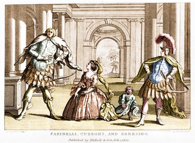 Farinelli (Carlo Broschi, detto; 1705 - 1782) con il soprano Cuzzoni e il castrato Francesco Bernardo Senesino (1680 - 1750) nell
