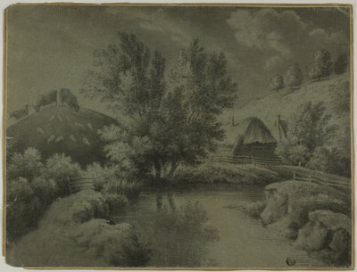 Fattoria con stagno in primo piano, mucche che pascolano sulla collina da Unknown artist