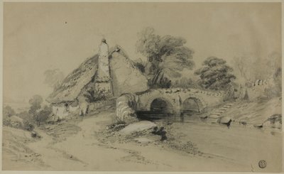 Fattoria con tetto di paglia vicino a un ponte di pietra da Unknown artist