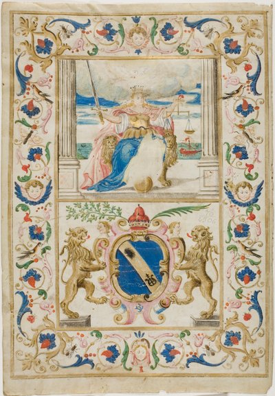 Figura della Giustizia e scudo con leoni rampanti da Unknown artist