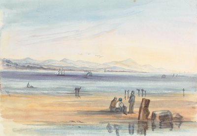 Figure su una spiaggia con montagne in lontananza da Unknown artist