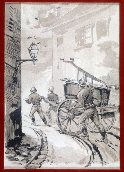Vigili del fuoco: la partenza del posto - incisione, n.d. da Unknown artist