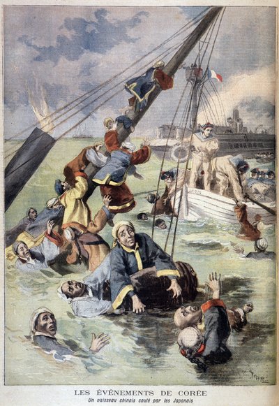 Prima guerra sino-giapponese - Eventi in Corea: una nave cinese affondata dai giapponesi. Illustrazione in "Le Petit Journal" di agosto 1894 da Unknown artist