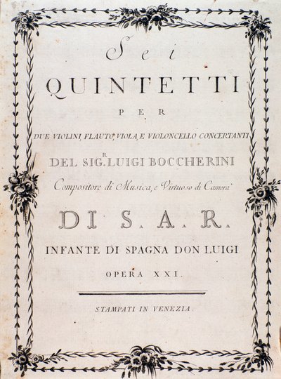 Prima pagina della partitura musicale di "Sei quintetti per due violini, flauto, viola e violoncello" di Luigi Boccherini da Unknown artist