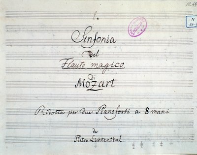 Prima pagina della sinfonia ridotta per due pianoforti e otto mani di Die Zauberflote, opera di Mozart, versione Lichtenthal (XIX secolo) da Unknown artist