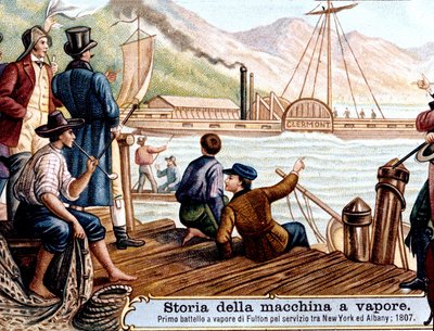 Primo viaggio del battello a vapore "Clermont" di Robert Fulton (1765-1815), ingegnere americano sul fiume Hudson, USA da Unknown artist