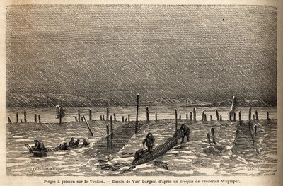 Trappole per pesci, poste sulle rive del fiume Yukon (estremo nord del Canada). Incisione per illustrare il viaggio e le avventure nella Colombia inglese, Isola di Vancouver e Alaska, di Frederick Whymper da Unknown artist