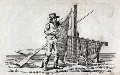 Pescatore e rete da pesca. Fine incisione del XVIII secolo. Collezione privata da Unknown artist