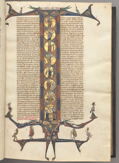Fol. 1r, Genesi, con iniziale istoriata a figura intera I, raffigurante la Creazione e la Crocifissione, il tutto su fondo oro brunito, con cornici rosa e blu panneggiate e prolungamenti cuspidati di drago e fogliame in alto e in basso, sui quali sono appo da Unknown artist